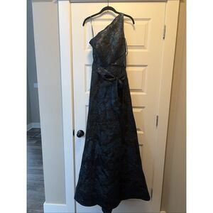 Rene Ruiz 6 Asymmetrical One Shoulder Brocade Gown‎ Black Teal Cocktail Formal